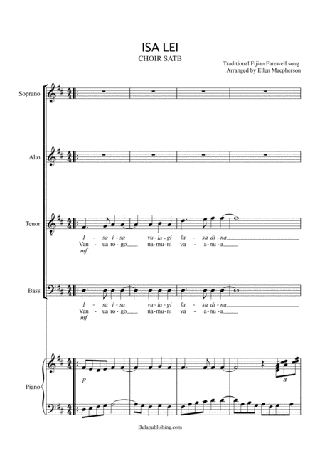 Isa Lei Fijian Choir Satb Sheet Music