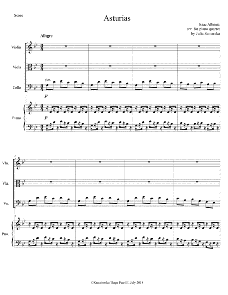 Isaac Albeniz Asturias Arr For Piano Quartet Score And Parts Sheet Music