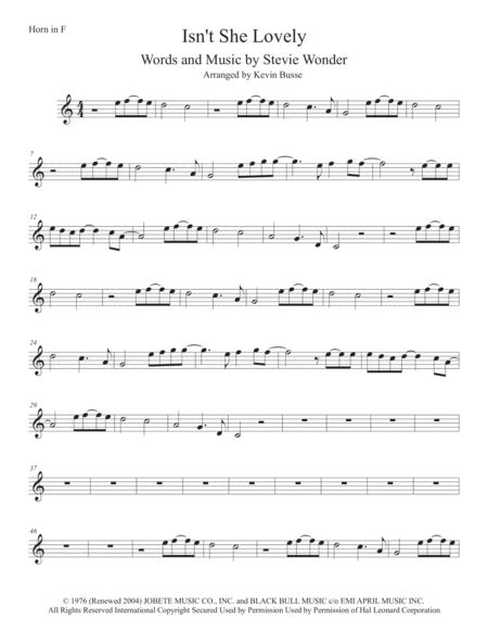 Free Sheet Music Isnt She Lovely Easy Key Of C Horn In F