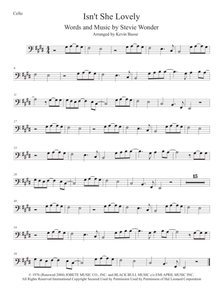 Isnt She Lovely Original Key Cello Sheet Music