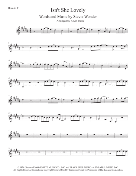 Isnt She Lovely Original Key Horn In F Sheet Music