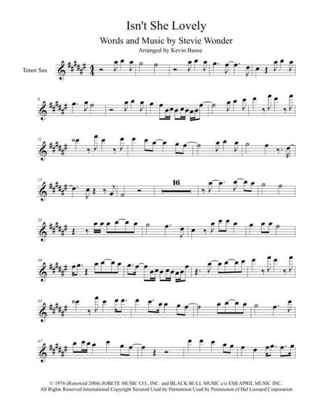 Free Sheet Music Isnt She Lovely Tenor Sax Harmonica Solo