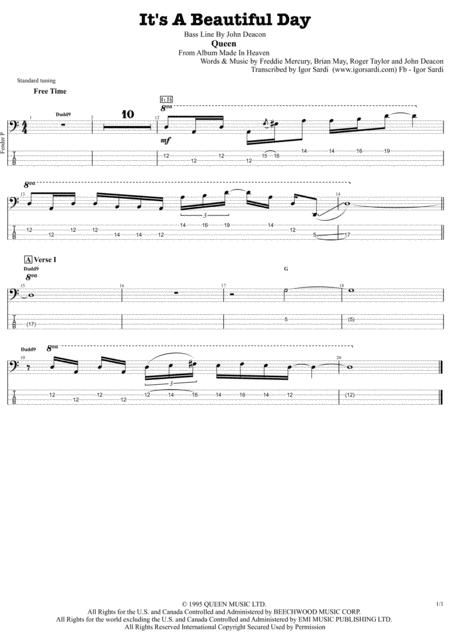 It A Beautiful Day Queen John Deacon Complete And Accurate Bass Transcription Whit Tab Sheet Music