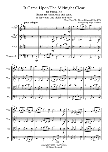 It Came Upon The Midnight Clear For String Trio Sheet Music