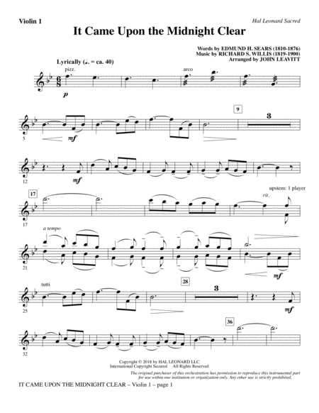 Free Sheet Music It Came Upon The Midnight Clear Violin 1