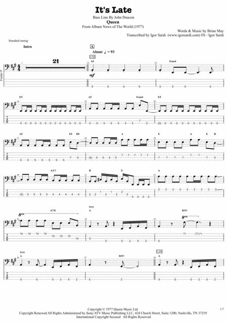 It Late Queen John Deacon Complete And Accurate Bass Transcription Whit Tab Sheet Music