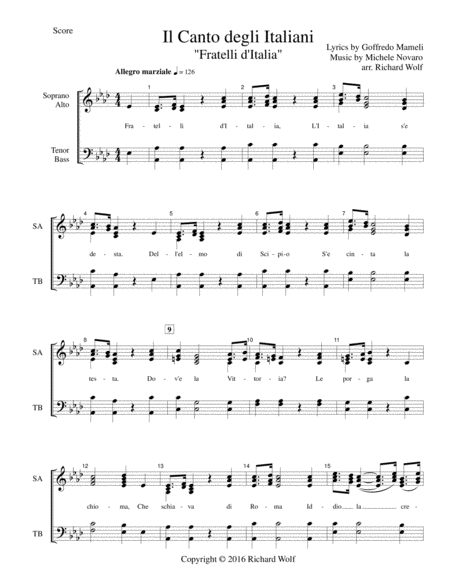 Free Sheet Music Italian National Anthem Fratelli D Italia Il Canto Degli Italiani Inno Di Mameli