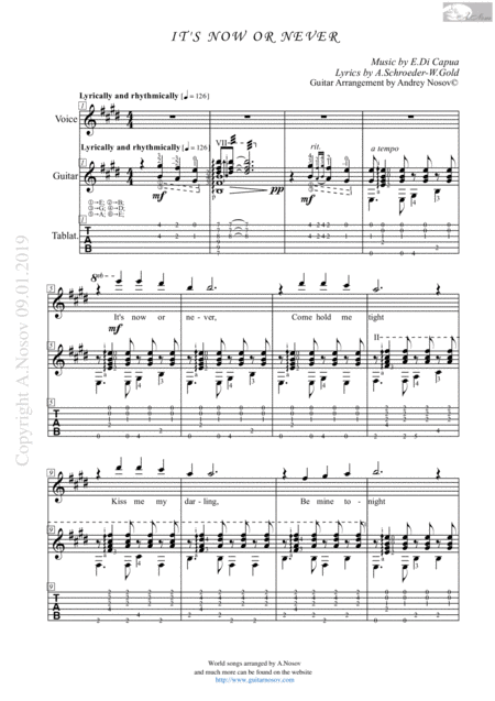 Its Now Or Never Sheet Music For Vocals And Guitar Sheet Music