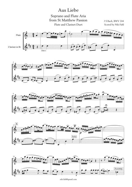 Free Sheet Music J Bach Aus Liebe From St Matthew Passion Bwv 244 Flute And Clarinet Duet