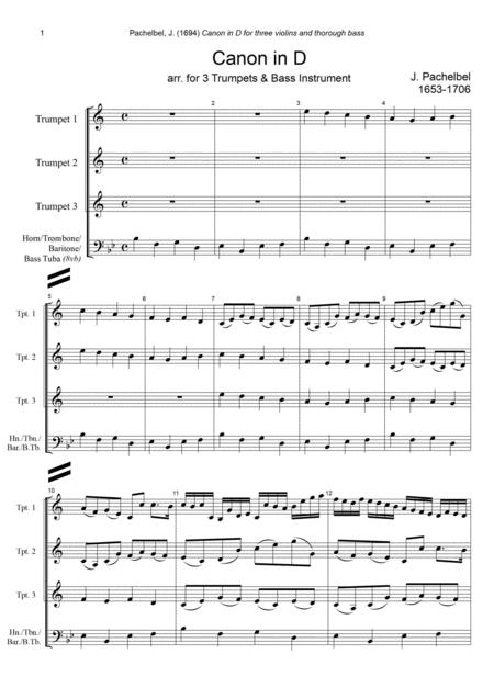 Free Sheet Music J Pachelbel Canon In D Dur Arr For 3 Trumpets Bass Instrument