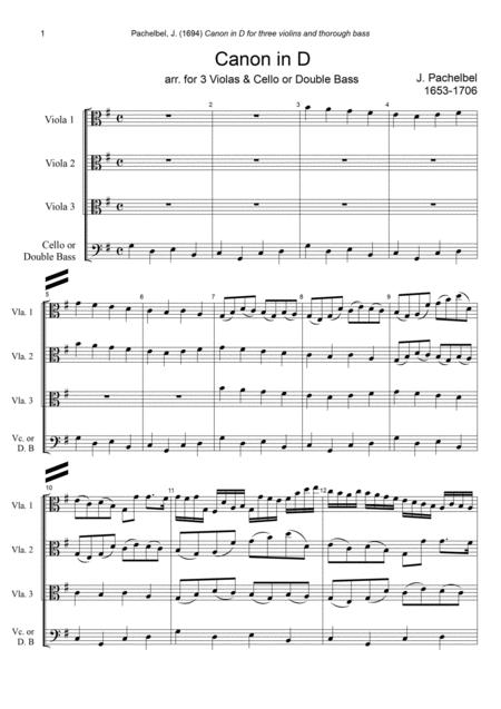 Free Sheet Music J Pachelbel Canon In D Dur Arr For 3 Violas Cello Or Double Bass