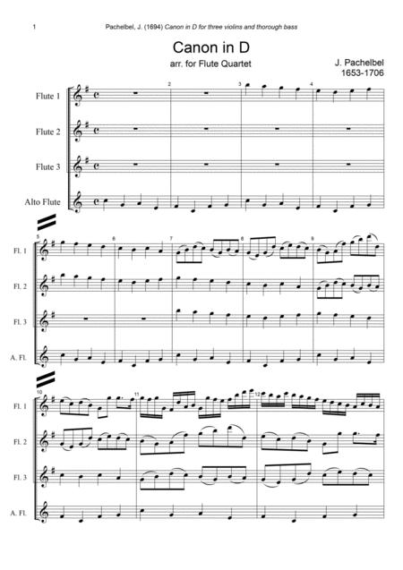 J Pachelbel Canon In D Dur Arr For Flute Quartet Sheet Music