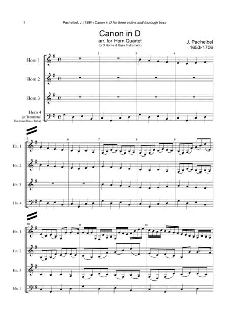 J Pachelbel Canon In D Dur Arr For Horn Quartet Or 3 Horns Bass Instrument Sheet Music