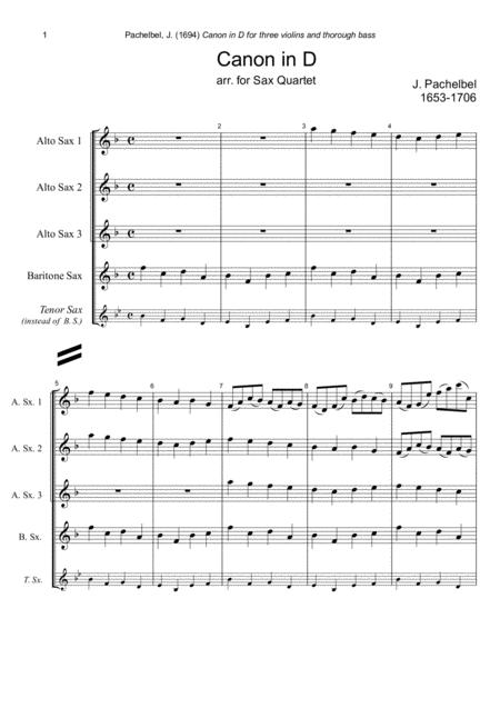 J Pachelbel Canon In D Dur Arr For Sax Quartet Sheet Music