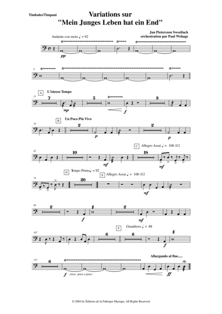 Jan Pieterszoon Sweelinck Paul Wehage Variations On Mein Juges Leben Hat Ein Ende Arranged For Concert Band Timpani Part Sheet Music