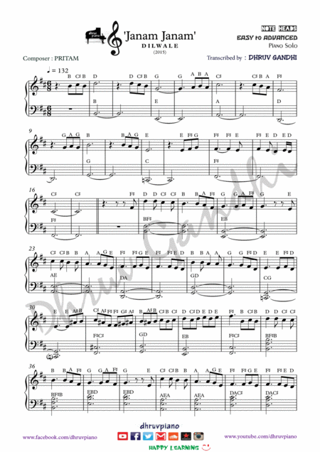 Janam Janam Dilwale Piano Arrangement Easy To Advanced Sheet Music