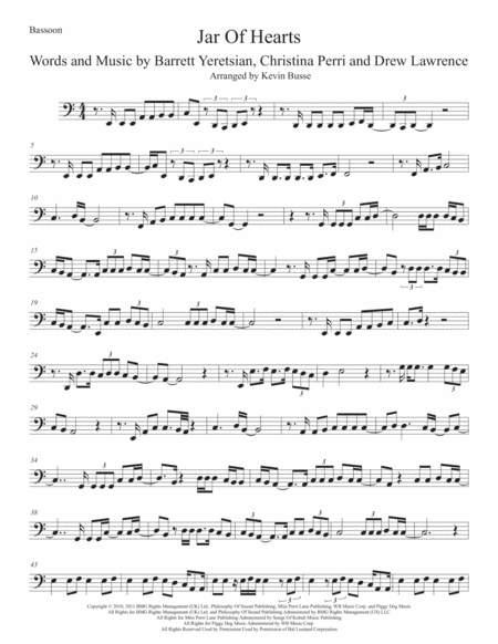 Jar Of Hearts Easy Key Of C Bassoon Sheet Music