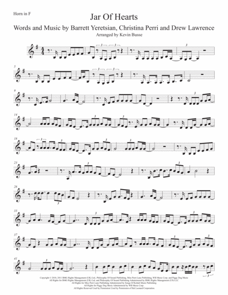 Jar Of Hearts Easy Key Of C Horn In F Sheet Music