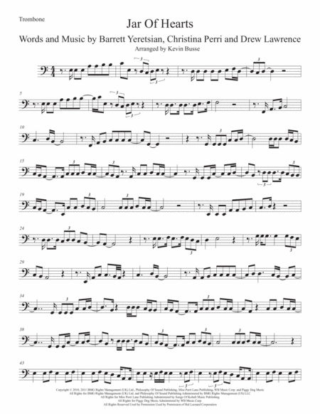 Jar Of Hearts Easy Key Of C Trombone Sheet Music