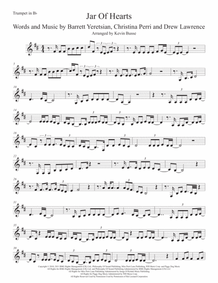 Jar Of Hearts Easy Key Of C Trumpet Sheet Music