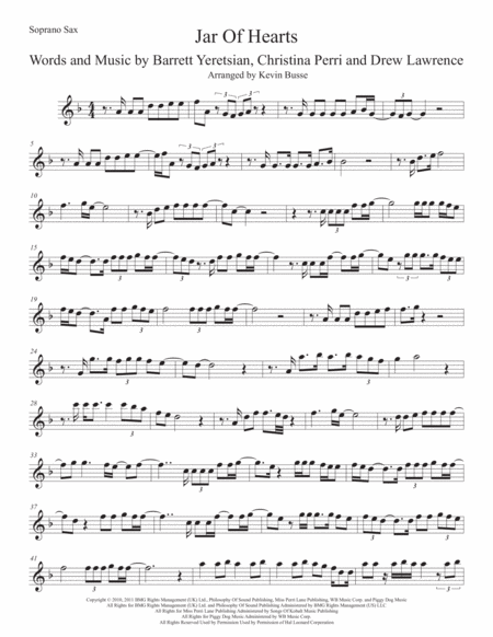 Jar Of Hearts Original Key Soprano Sax Sheet Music