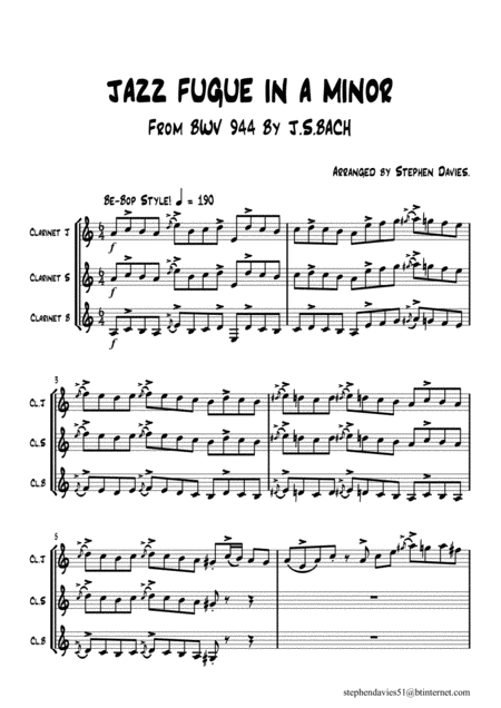 Jazz Fugue In A Minor Based On Bwv944 By Js Bach For Clarinet Trio Sheet Music