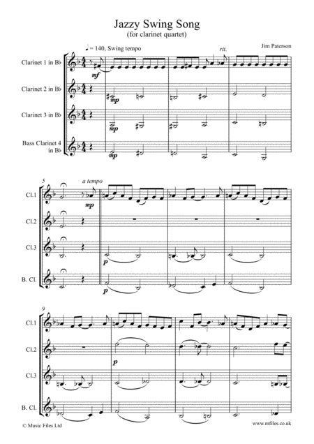 Free Sheet Music Jazzy Swing Song For Clarinet Quartet Score Parts