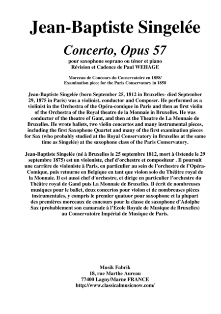 Jean Baptiste Singele Concerto Opus 57 Pour Saxophone Soprano Ou Tnor Et Piano Rvision Et Cadence De Paul Wehage Sheet Music