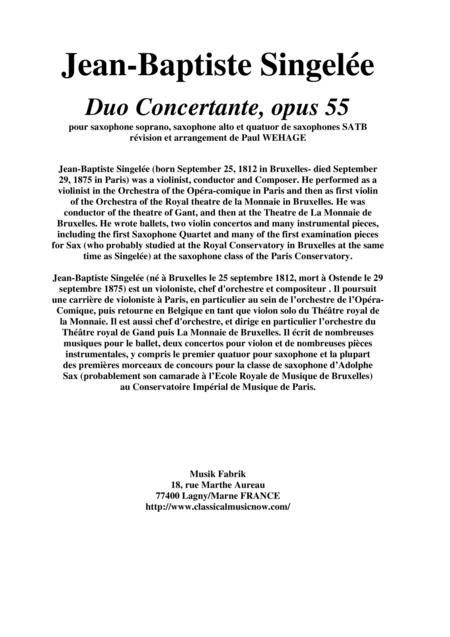 Jean Baptiste Singele Duo Concertante Opus 55 Arranged For Soprano Saxophone Alto Saxophone And Satb Saxophone Quartet By Paul Wehage Score And Solo P Sheet Music