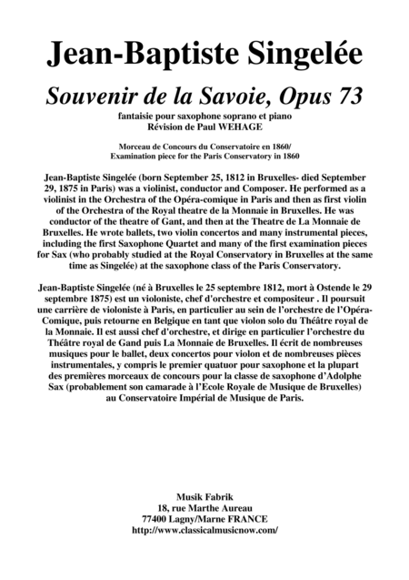 Free Sheet Music Jean Baptiste Singele Souvenir De La Savoie Opus 73 Fantaisie Pour Saxophone Soprano Et Piano