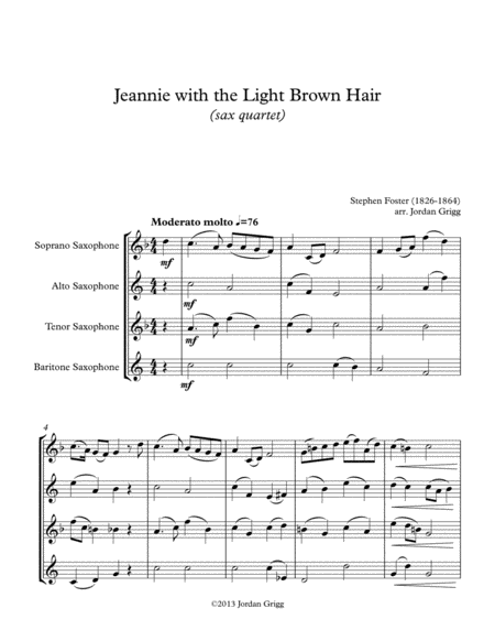 Jeanie With The Light Brown Hair Sax Quartet Sheet Music