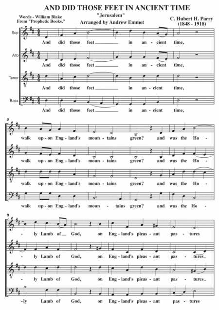 Free Sheet Music Jerusalem And Did Those Feet A Cappella 4 4
