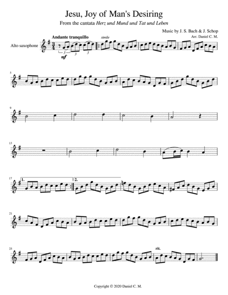 Jesu Joy Of Mans Desiring For Alto Sax And Piano Sheet Music