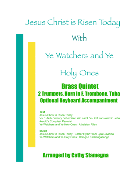 Jesus Christ Is Risen Today With Ye Watchers And Ye Holy Ones Brass Quintet 2 Trumpets Horn In F Trombone Tuba Opt Keyboard Acc Sheet Music