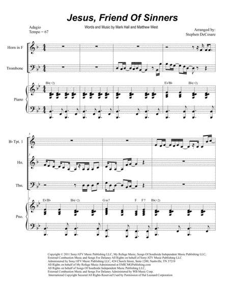 Jesus Friend Of Sinners For Brass Quartet Sheet Music