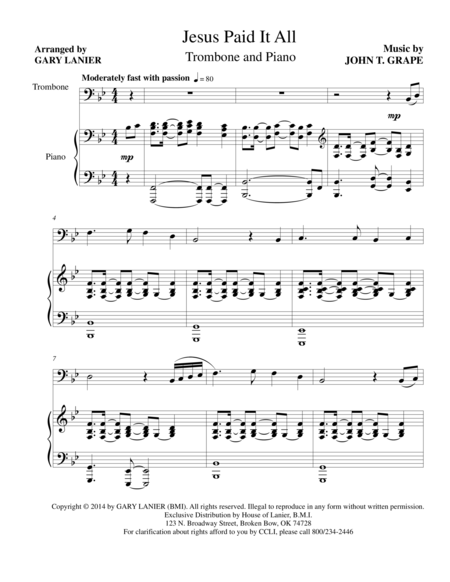 Free Sheet Music Jesus Paid It All Trombone And Piano With Trb Part