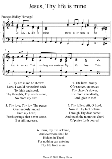 Free Sheet Music Jesus Thy Life Is Mine A New Tune To This Wonderful Frances Ridley Havergal Hymn