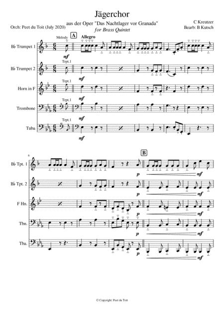 Jgerchor Aus Das Nachtlager Von Granada C Kreutzer Bearb B Kutsch Brass Quintet Sheet Music