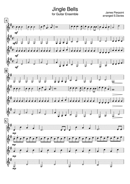 Free Sheet Music Jingle Bells Easy Guitar Ensemble