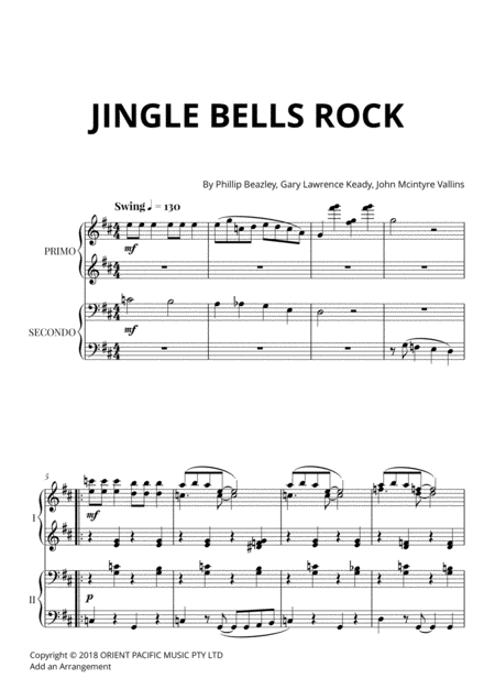 Jingle Bells Rock For Easy Piano 4 Hands Sheet Music