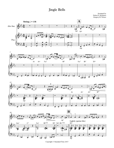 Free Sheet Music Jingle Bells Solo For Alto Sax With Piano Accompaniment Up Tempo Swing