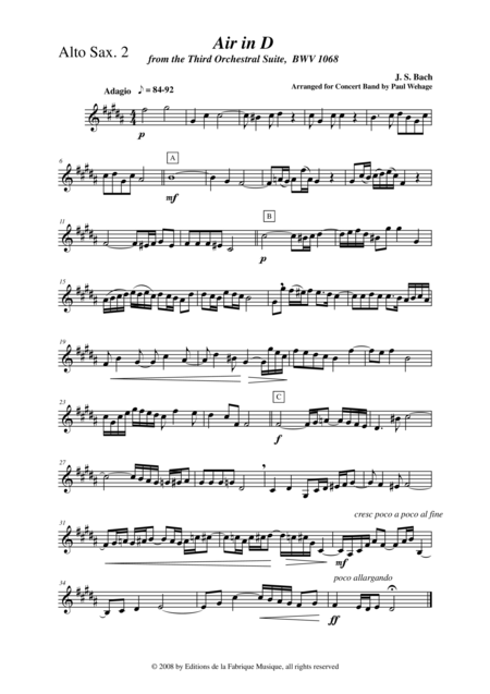 Free Sheet Music Johann Sebastian Bach Wehage Air In D From The Third Orchestral Suite Bwv 1068 Arranged For Concert Band Alto Saxophone 2 Part