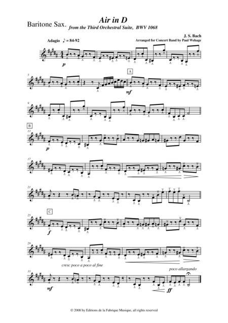 Johann Sebastian Bach Wehage Air In D From The Third Orchestral Suite Bwv 1068 Arranged For Concert Band Baritone Saxophone Part Sheet Music