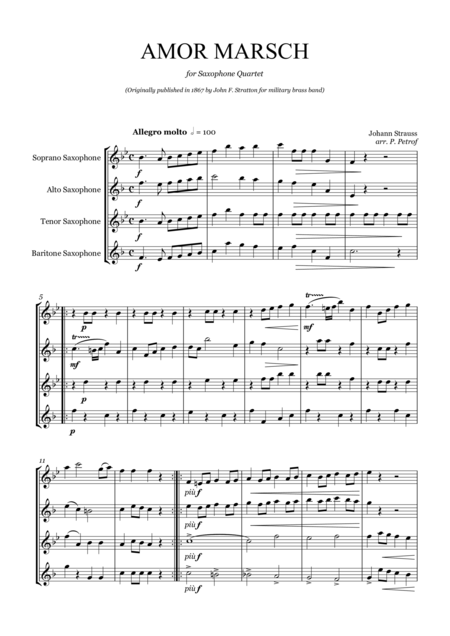 Johann Strauss Amor Marsch For Saxophone Quartet Sheet Music