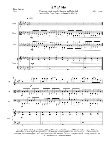 Free Sheet Music John Legend All Of Me For Piano Quartet