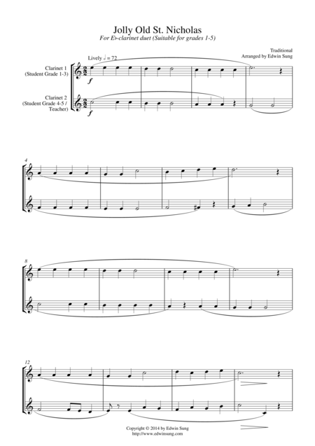 Jolly Old St Nicholas For Eb Clarinet Duet Suitable For Grades 1 5 Sheet Music