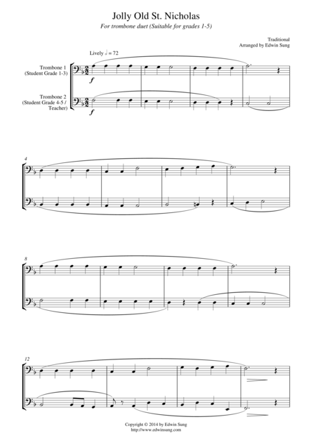 Jolly Old St Nicholas For Trombone Duet Suitable For Grades 1 5 Sheet Music