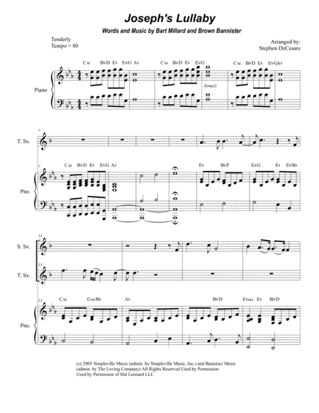 Free Sheet Music Josephs Lullaby Duet For Soprano And Tenor Saxophone