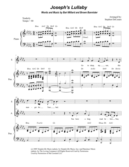 Josephs Lullaby For 2 Part Choir Sa Sheet Music