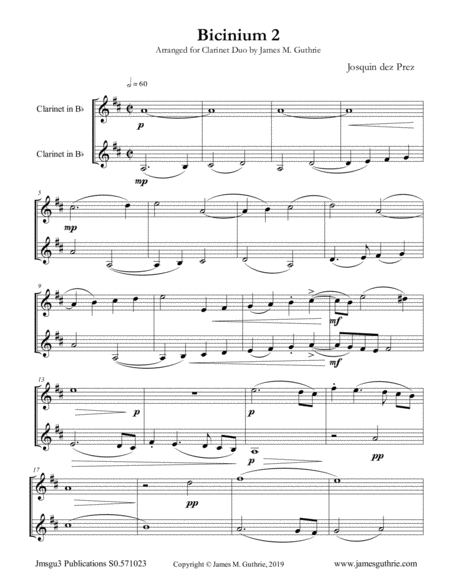 Josquin Bicinium 2 For Clarinet Duo Sheet Music